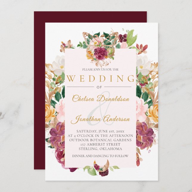 Burgundy, Saffron, Pink Watercolor Floral Frame Invitation (Front/Back)