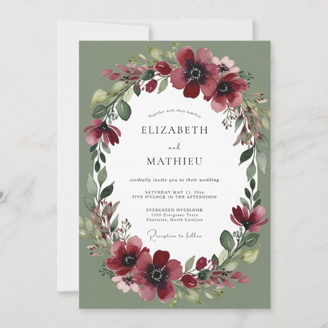 Burgundy Sage Aesthetic Botanical Wedding Invitation (Front)