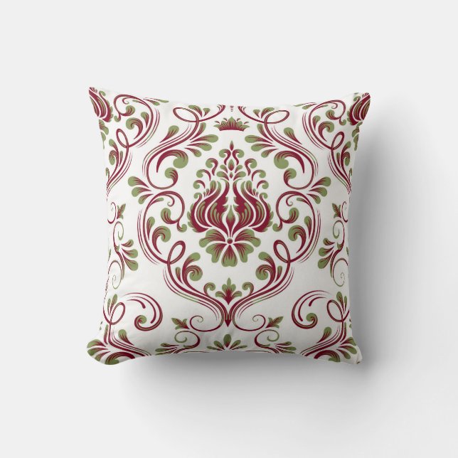 Burgundy Sage Green Damask Floral Pattern Elegant  Cushion (Front)
