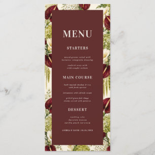 Burgundy Sage Green Floral Tropical Bloom Wedding Menu