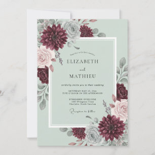 Burgundy Sage Green Flourishing Autumn Wedding Invitation