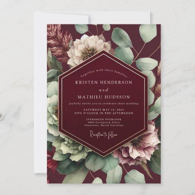 Burgundy & Sage Moody Autumn Wedding Invitation (Front)