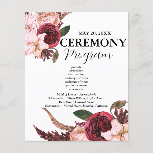 Burgundy Sangria Wedding Ceremony Programs (Front)