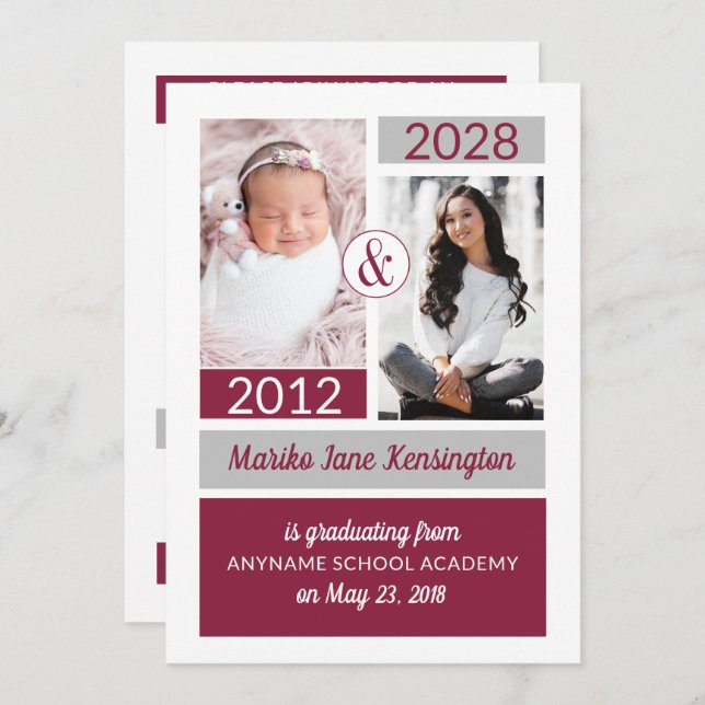 Burgundy School Colours Then and Now Graduation Invitation (Front/Back)