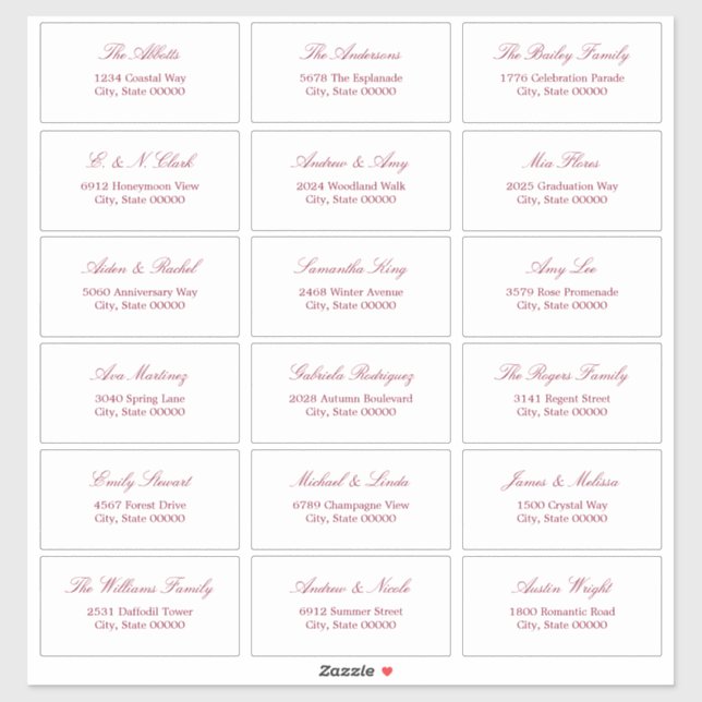 Burgundy Script 18 Guest Address Labels (Sheet)