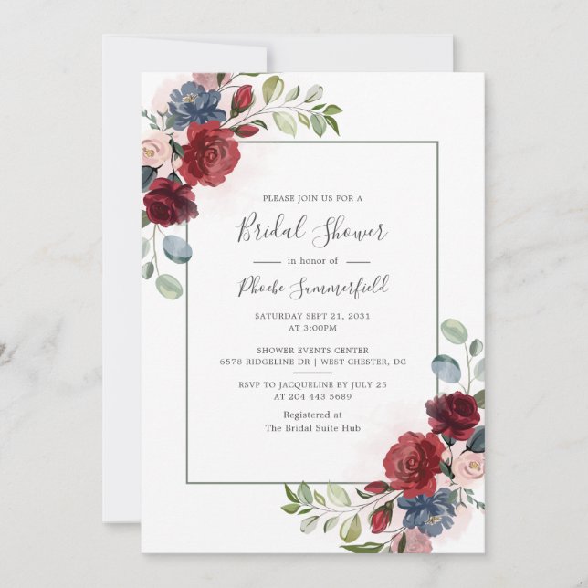 Burgundy Script Floral Eucalyptus Bridal Shower Invitation (Front)
