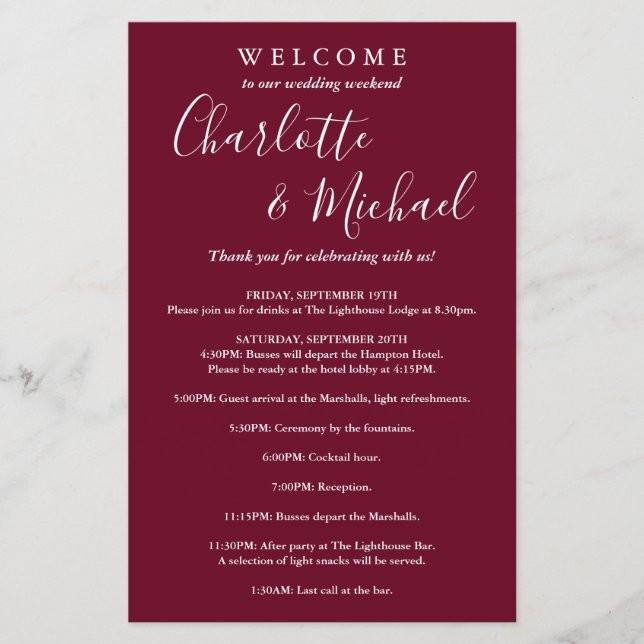 Burgundy Script Guest Wedding Weekend Program (Front)