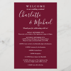 Burgundy Script Guest Wedding Weekend Program