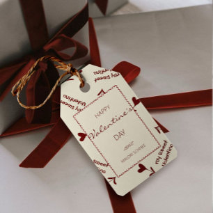 Burgundy Script Hearts on Cream– Valentine Pattern Gift Tags