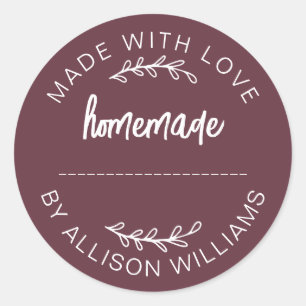 Burgundy Script Made With Love Homemade Food Jar Classic Round Sticker