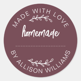 Burgundy Script Made With Love Homemade Food Jar Classic Round Sticker