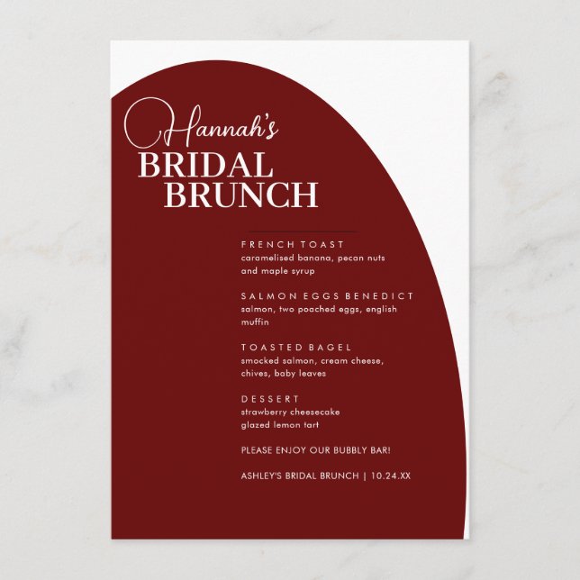 Burgundy Script Minimal Bridal Brunch Menu (Front)