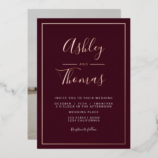 Burgundy script photo wedding geometric frame (Front/Back)