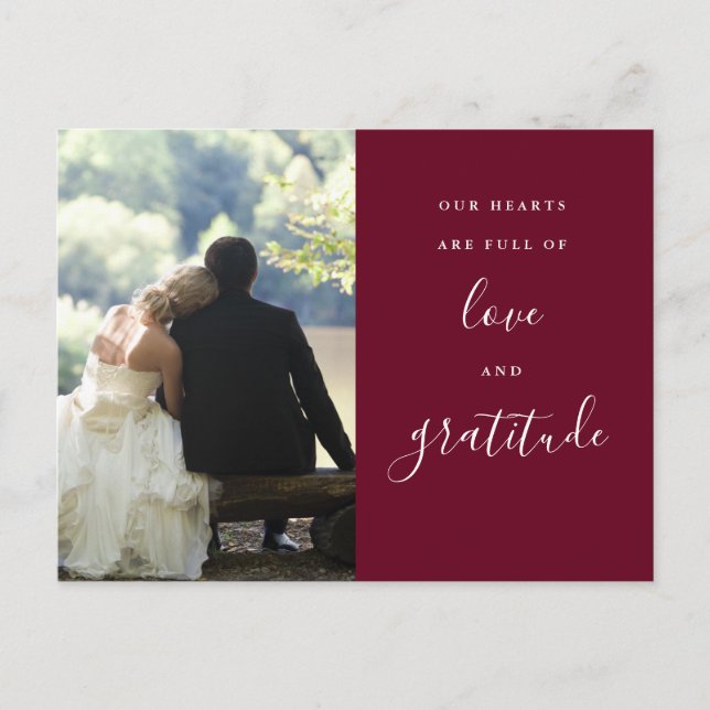 Burgundy Script Photo Wedding Thank You Postcard (Front)