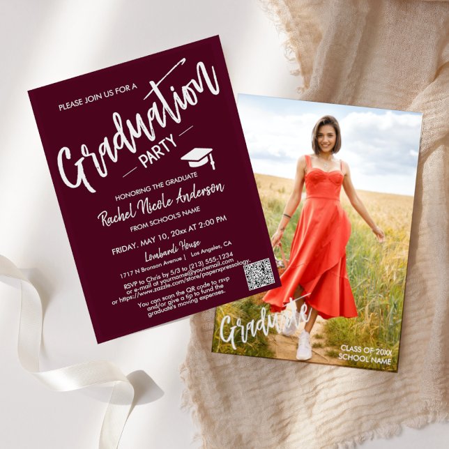 Burgundy  Script QR Code Photo Graduation Party Invitation (Creator Uploaded)