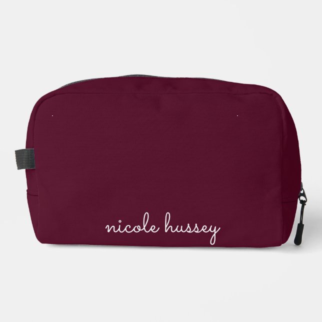 Burgundy Script  | Stylish Monogram Modern Dopp Kit (Front)