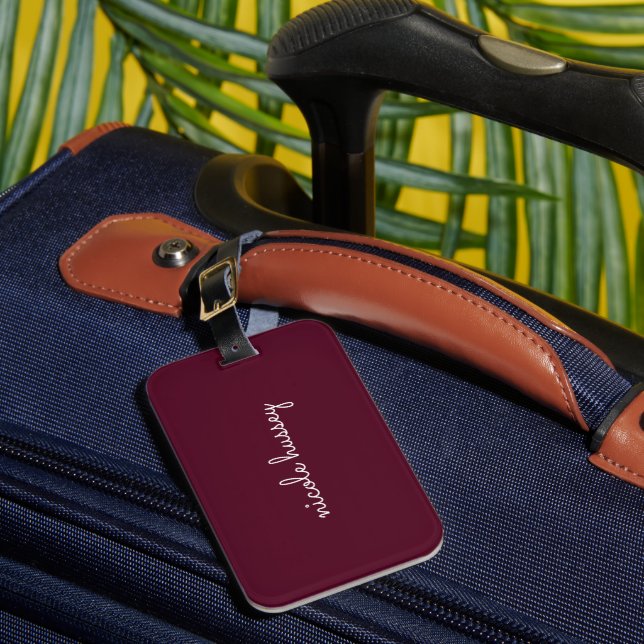 Burgundy Script  | Stylish Monogram Modern Luggage Tag (Front Insitu 1)