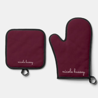 Burgundy Script | Stylish Monogram Modern Oven Mitt & Pot Holder Set