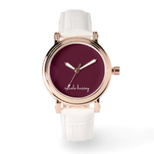 Burgundy Script    Stylish Monogram Modern Watch