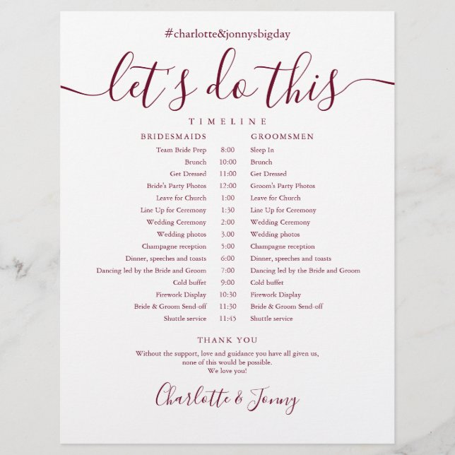 Burgundy Script Wedding Schedule Timeline (Front)