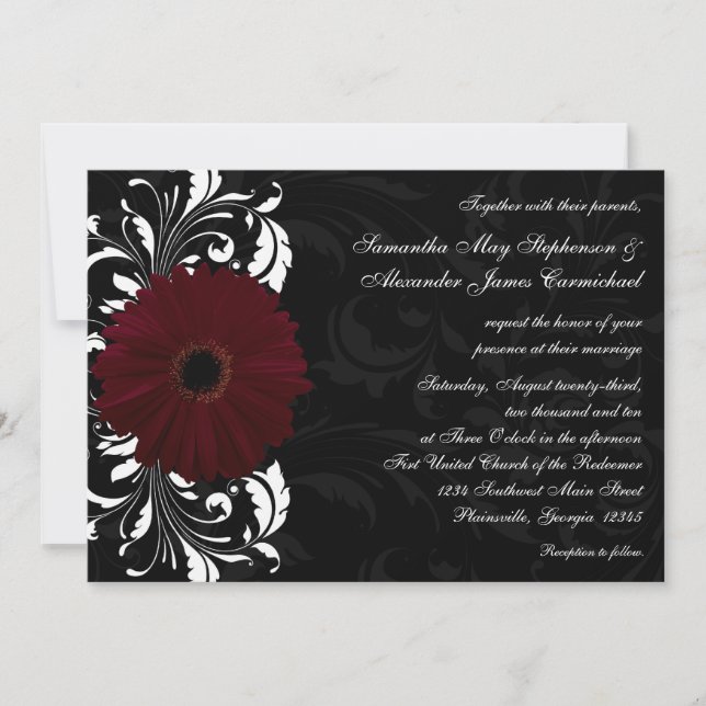 Burgundy Scroll Gerbera Daisy w/Black and White Invitation (Front)