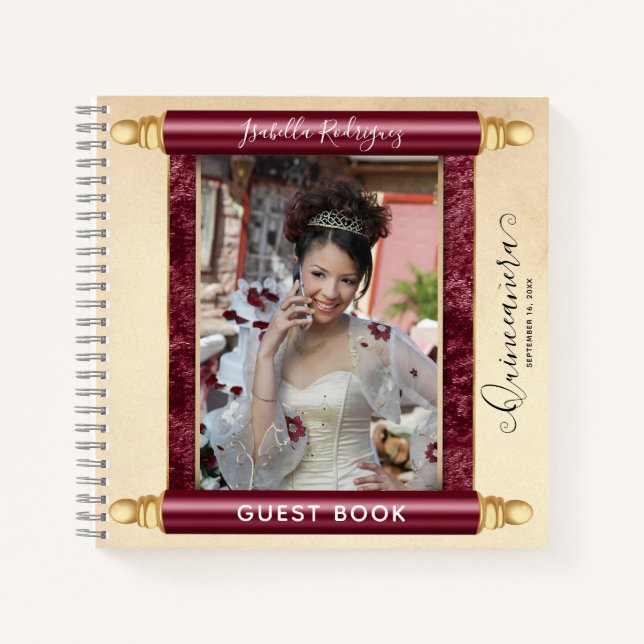 Burgundy Scroll Photo Budget Quinceañera Guest Notebook (Front)