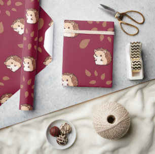 Burgundy Seamless Wrapping Paper with Hedgehogs