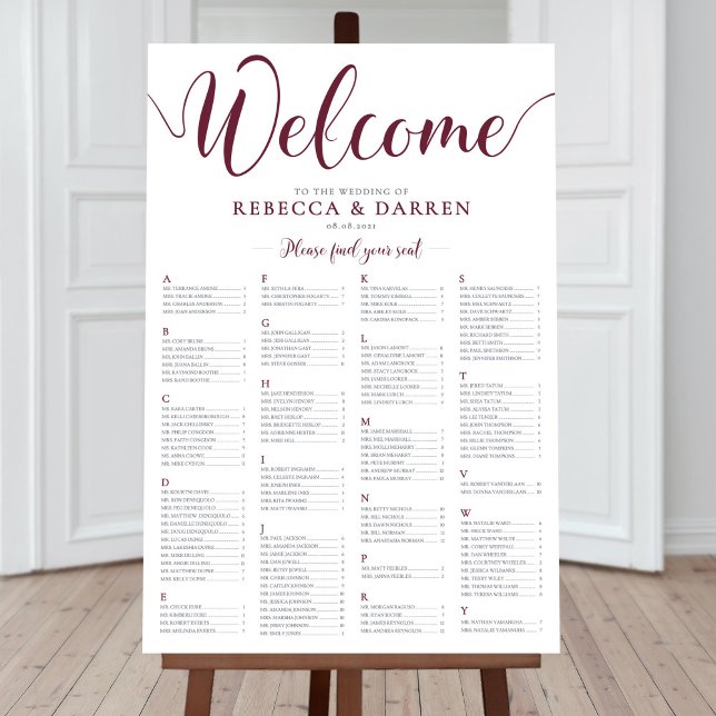 Burgundy Seating Chart Alphabetical Table Plan (Creator Uploaded)