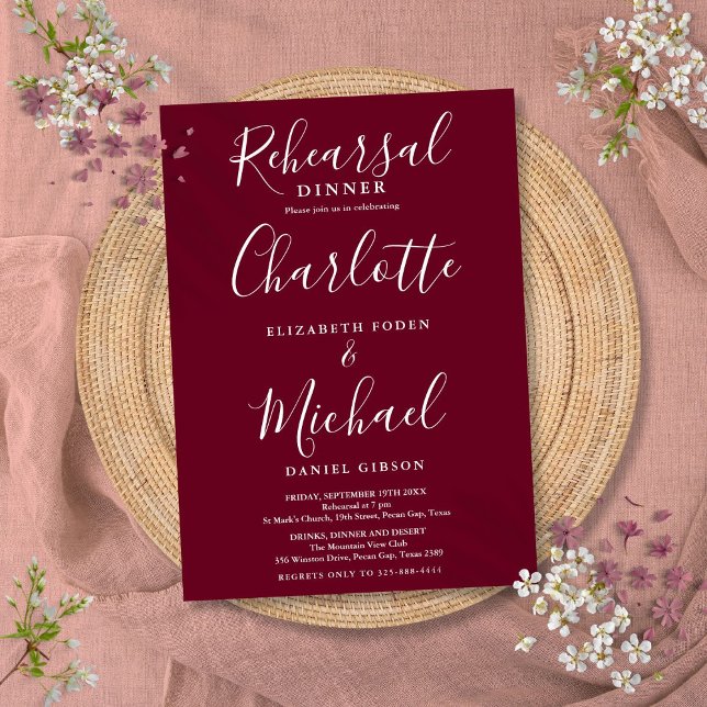 Burgundy Signature Script Rehearsal Dinner Invitation (Burgundy Signature Script Rehearsal Dinner Invitation)