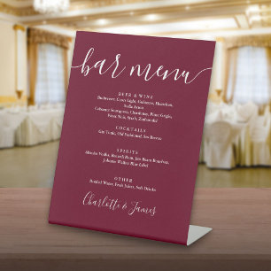 Burgundy Signature Script Wedding Bar Menu Pedestal Sign