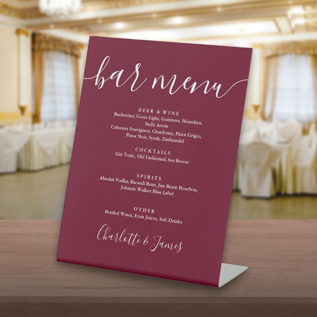 Burgundy Signature Script Wedding Bar Menu Pedestal Sign (Burgundy Signature Script Wedding Bar Menu Pedestal Sign)