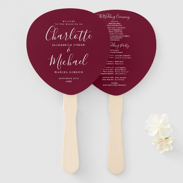Burgundy Signature Script Wedding Program Hand Fan (Front and Back)