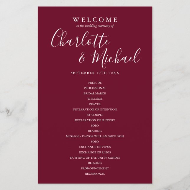 Burgundy Signature Script Wedding Welcome Program (Front)