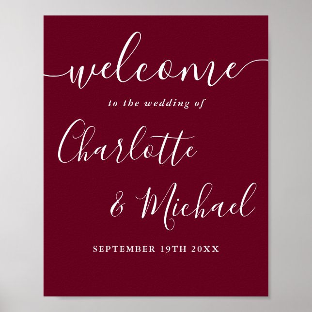 Burgundy Signature Script Wedding Welcome Sign (Front)