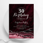 Burgundy Silver Agate 30th Birthday Invitation<br><div class="desc">Burgundy and silver agate 30th birthday party invitation. Elegant modern design featuring marsala wine,  dark red watercolor agate marble geode background,  faux glitter silver and typography script font. Trendy invite card perfect for a stylish women's bday celebration. Printed Zazzle invitations or instant download digital printable template.</div>