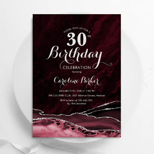 Burgundy Silver Agate 30th Birthday Invitation