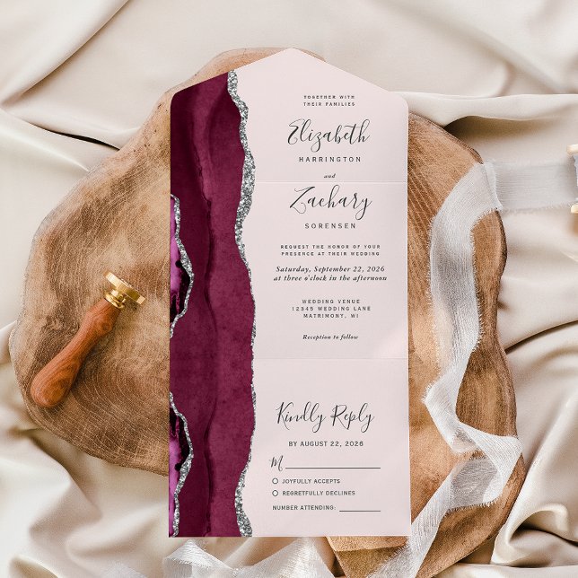 Burgundy Silver Agate Blush Pink Wedding All In One Invitation (Creator Uploaded)