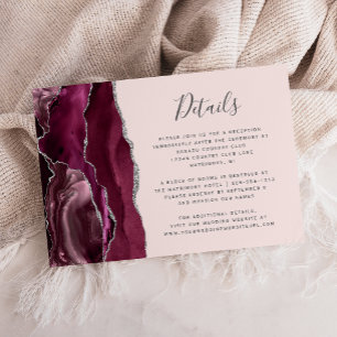 Burgundy Silver Agate Blush Pink Wedding Details Enclosure Card