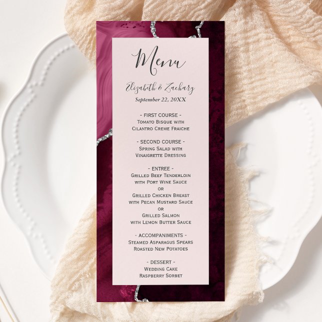 Burgundy Silver Agate Blush Pink Wedding Menu (Creator Uploaded)
