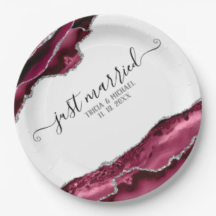 Burgundy & Silver Agate Borders Just Married Paper Plate