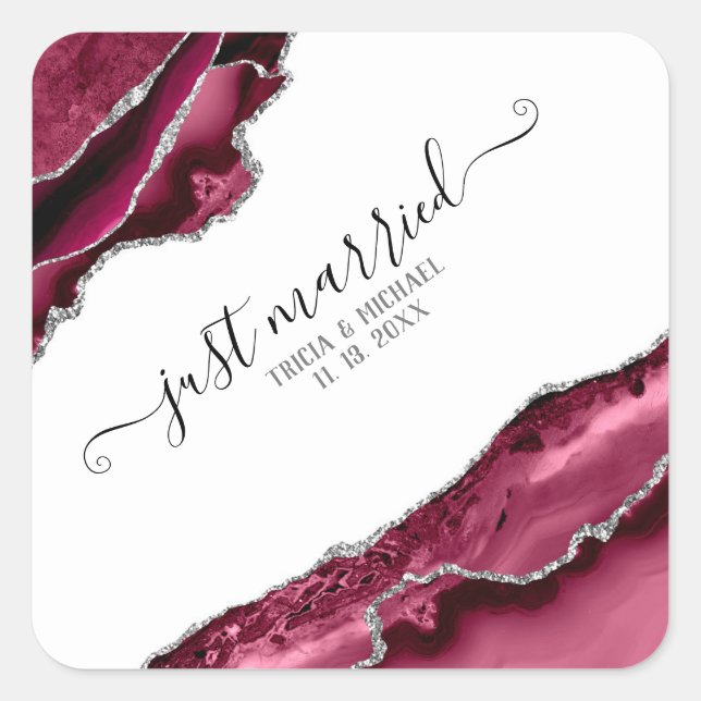 Burgundy & Silver Agate Borders Just Married Square Sticker (Front)