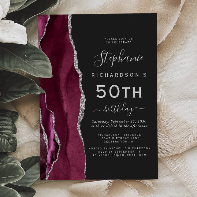 Burgundy Silver Agate Dark 50th Birthday Party Invitation (Creator Uploaded)