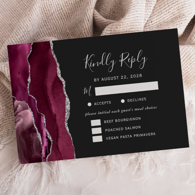 Burgundy Silver Agate Dark Meal Options Wedding RSVP Card (Creator Uploaded)