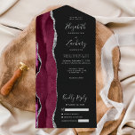 Burgundy Silver Agate Dark Wedding All In One Invitation<br><div class="desc">The left-hand edge of this elegant modern all-in-one wedding invitation and RSVP features a burgundy watercolor agate border trimmed with faux silver glitter. The customisable text combines silver grey handwriting, copperplate and italic fonts on an off-black background. The return address appears on the outside flap and the reverse side of...</div>