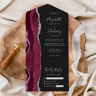 Burgundy Silver Agate Dark Wedding All In One Invitation