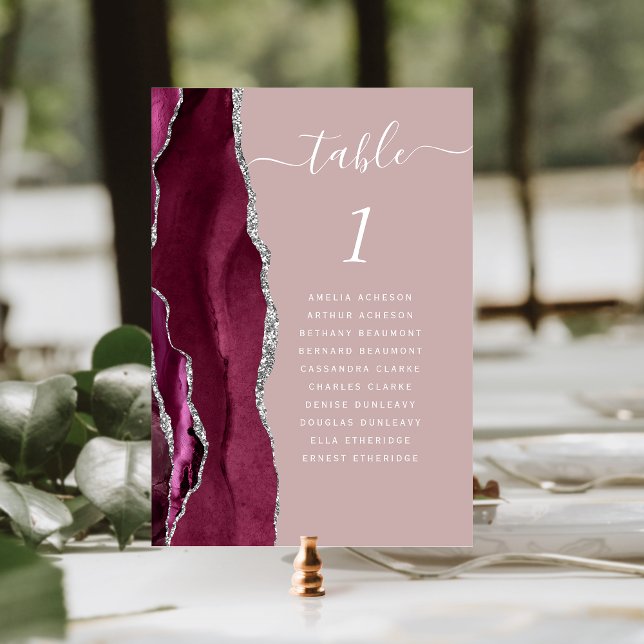 Burgundy Silver Agate Dusty Rose Wedding Table Number (Creator Uploaded)