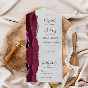 Burgundy Silver Agate Gray Wedding All In One Invitation