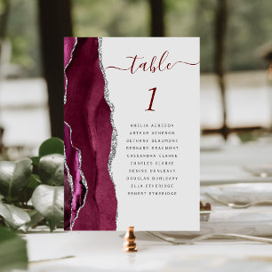 Burgundy Silver Agate Light Grey Wedding Table Number