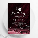Burgundy Silver Agate Marble 90th Birthday Invitation<br><div class="desc">Burgundy and silver agate 90th birthday party invitation. Elegant modern design featuring marsala wine,  dark red watercolor agate marble geode background,  faux glitter silver and typography script font. Trendy invite card perfect for a stylish women's bday celebration. Printed Zazzle invitations or instant download digital printable template.</div>