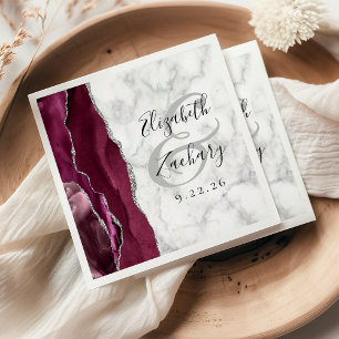 Burgundy Silver Agate Marble Wedding Napkins
